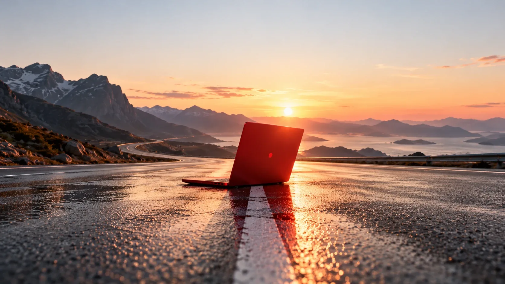 Ein roter Laptop steht aufgeklappt auf einer nassen Bergstraße bei Sonnenuntergang, dahinter das Meer und Inseln