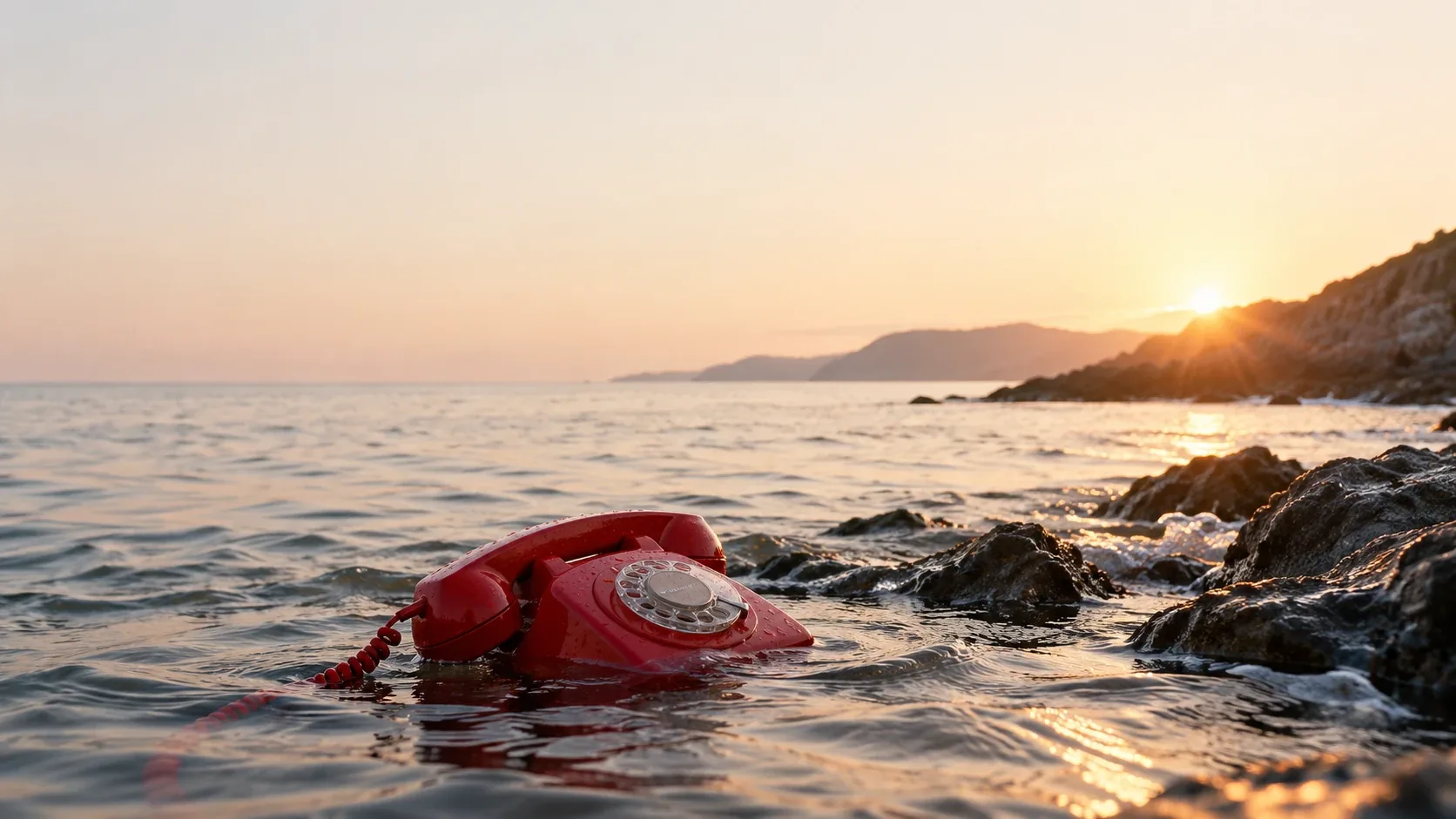 Ein rotes Retro-Telefon liegt bei Sonnenuntergang im flachen Meer, dahinter Felsen und eine Küstenlinie