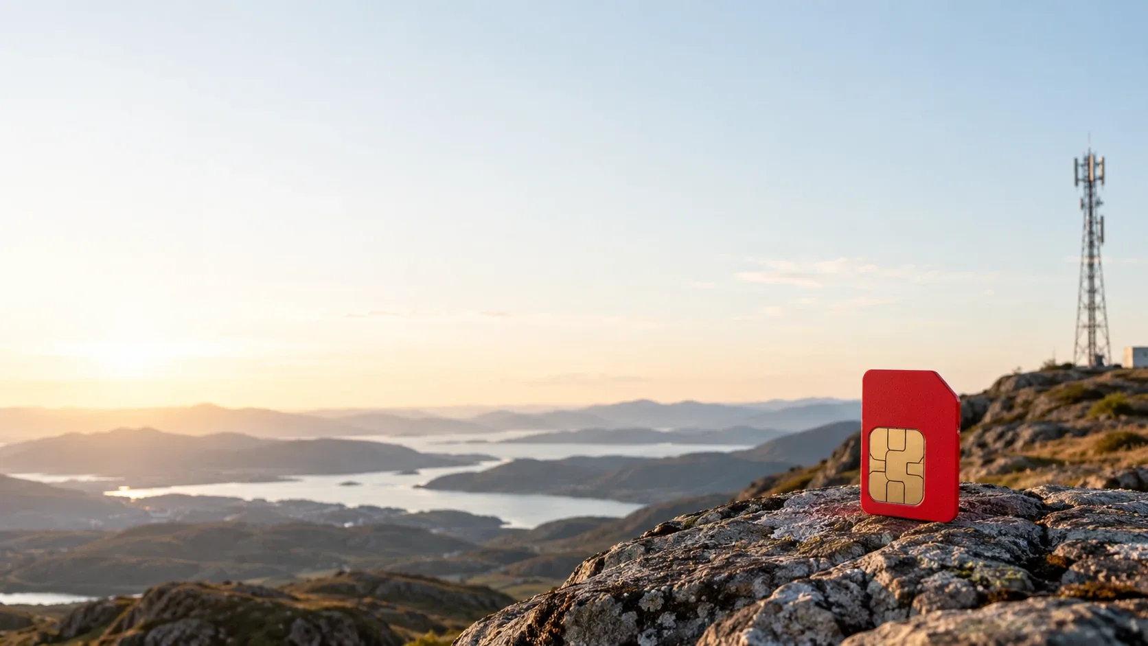 Eine rote SIM-Karte steht auf einem Felsen auf einer Anhöhe über Seen und Hügeln, am Rand ein Mobilfunkmast