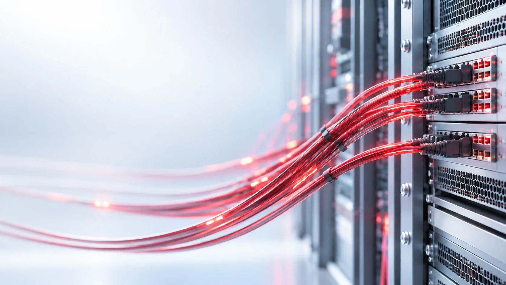 Leuchtend rote, gebündelte Netzwerkkabel, eingesteckt in ein Serverrack in einem hellen Rechenzentrum